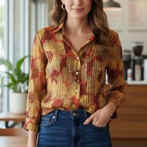 Nic + Zoe Yellow Red Floral Sunflower  Opaque Pleated Woven Button Down Blouse M